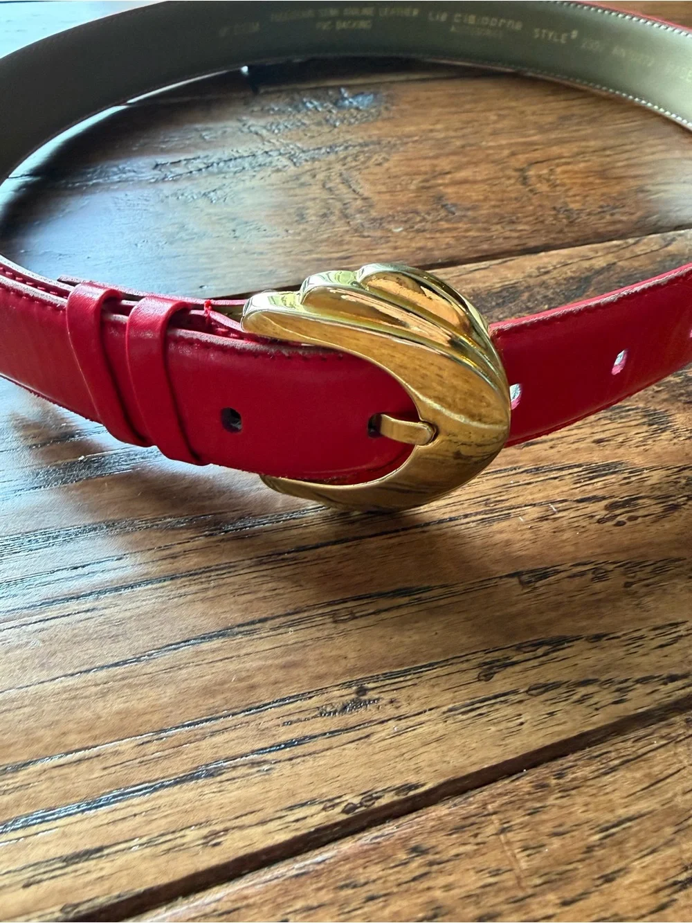 Vintage Liz Claiborne Red Leather Belt Oversized Gold Statement Buckle Medium